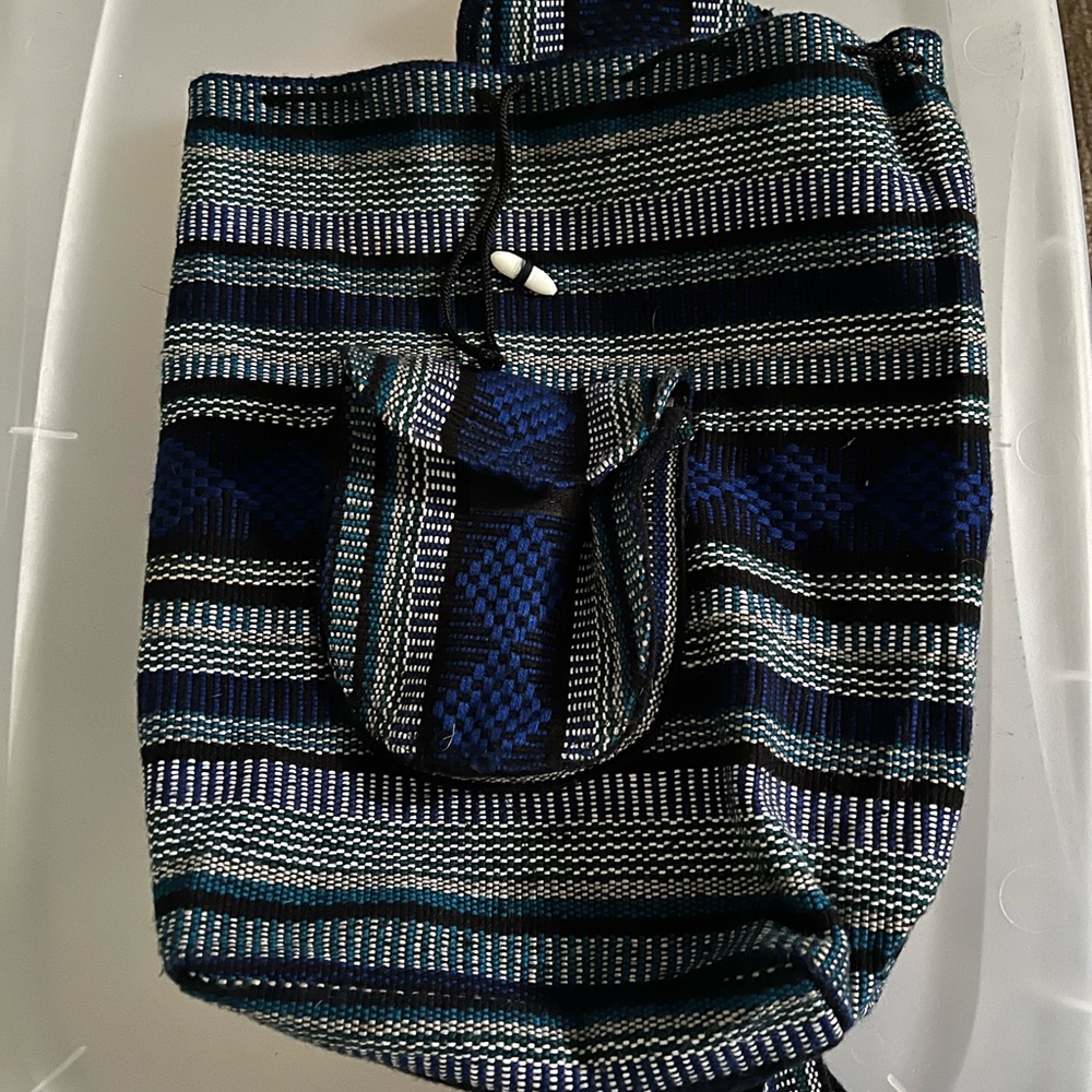 Mexican Rug Pattern Backpack Striped Blue, White and Black Drawstring Top - Picture 2 of 4
